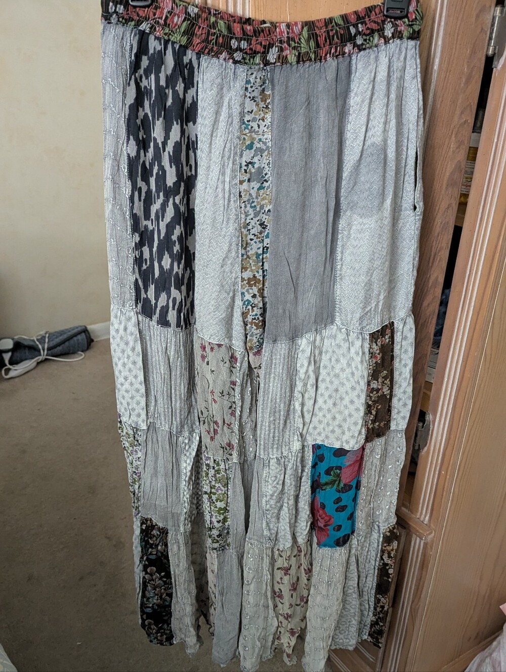 Boho Patchwork Tiered Pants - Gray with Multicolor Floral Panels. - Picture 2 of 2